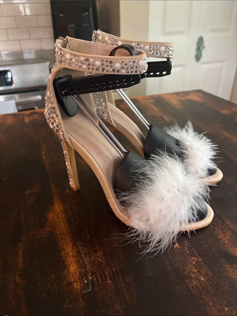 Black and Beige Feather Trim High Heel Sandals with Crystal Ankle Strap